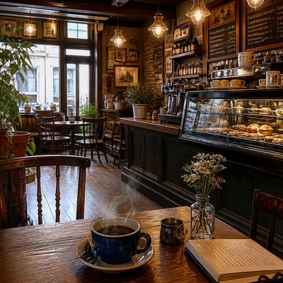 cozy cafe interior with warm lighting