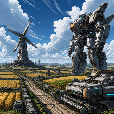 wide landscape of rolling farmland with hedgerows, a dirt road and a distant windmill under a big sky, no people and no animals