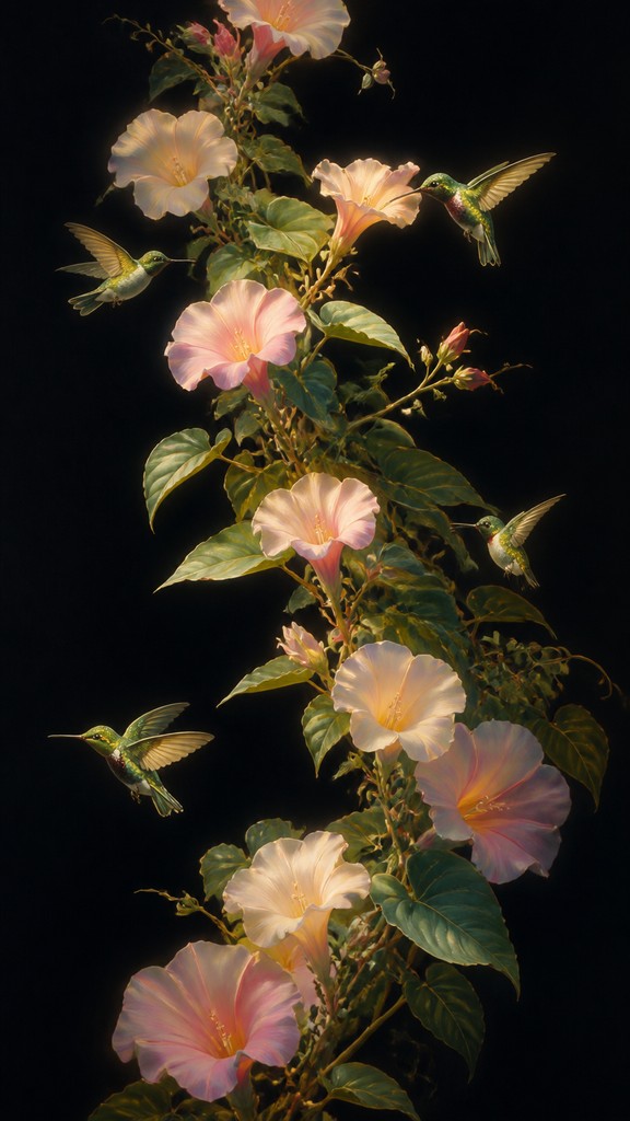a climbing vine of flowers and hummingbirds on a dark background, tall wrapping composition, no text