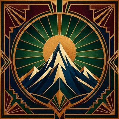 an emblem of a mountain peak inside a circle, simple bold shapes on a plain background, no text or lettering