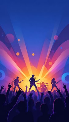 a live music scene with a glowing stage and silhouetted crowd, energetic vertical composition with open space at the top, no text