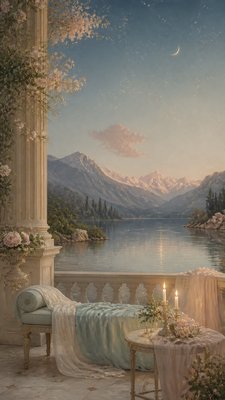 a tranquil mountain lake beneath a starry night sky, no people, no text