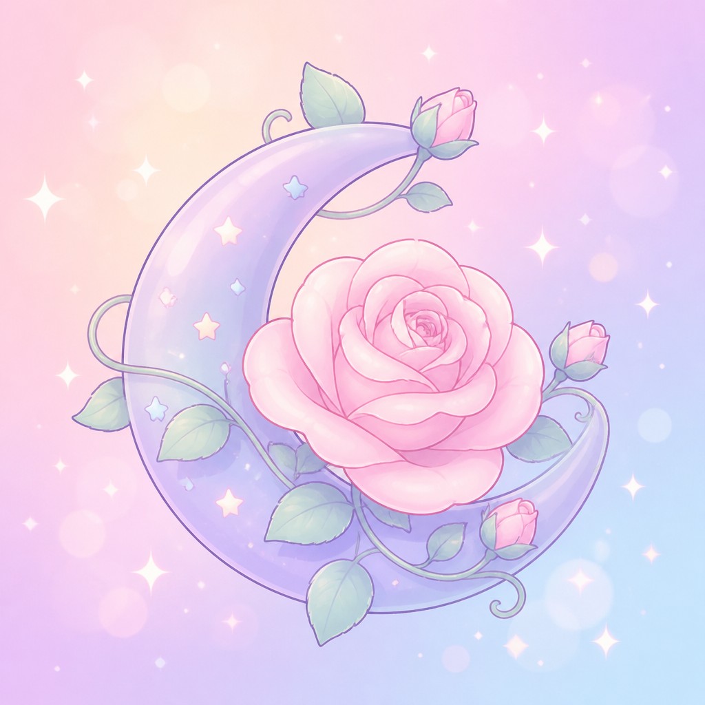 a rose entwined with a crescent moon, clean balanced composition on a plain background, no text