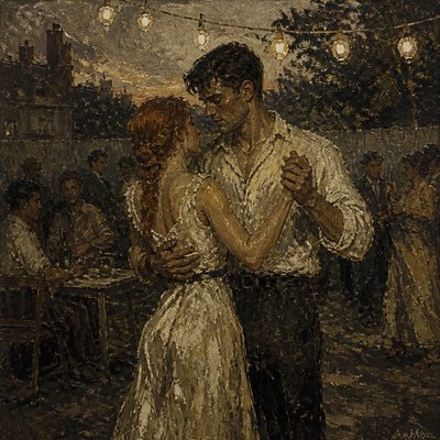 an original couple dancing under string lights in a garden at dusk: a man with short black hair in a linen shirt and a woman with braided red hair in a summer dress