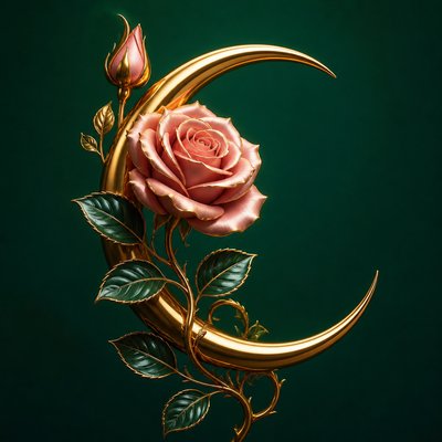 a rose entwined with a crescent moon, clean balanced composition on a plain background, no text