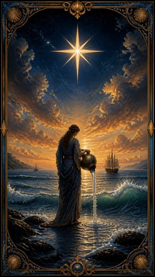 a robed figure pouring water beneath a large eight-pointed star in a night sky, symmetrical composition with an ornate decorative border, no text