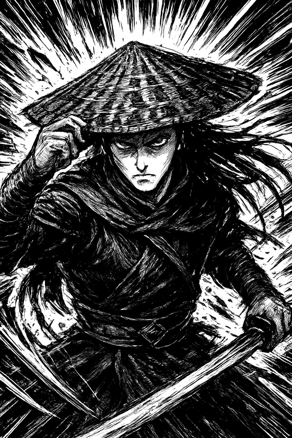 a black and white drawing of a woman wearing a hat