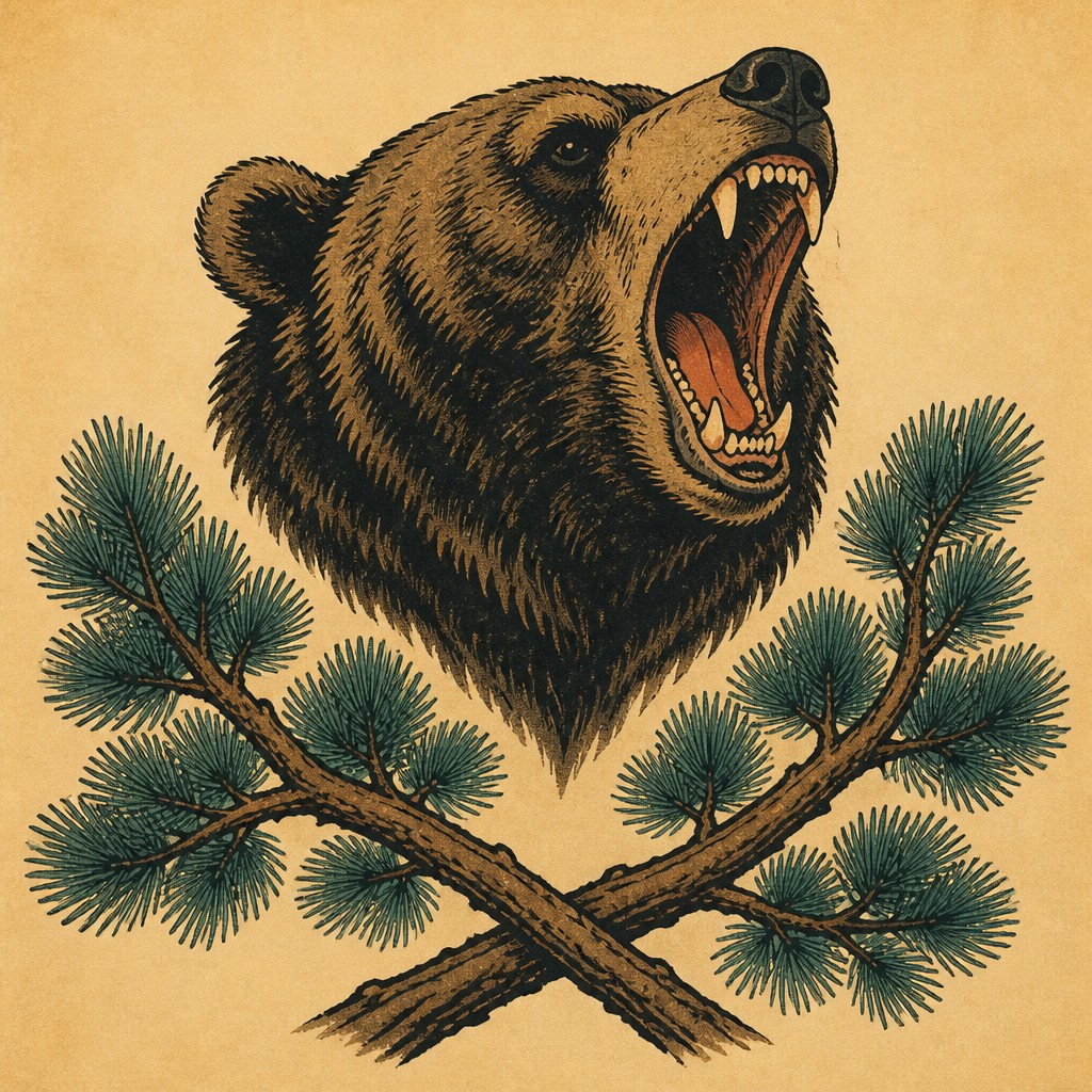 a roaring bear head above crossed pine branches, bold graphic composition on a plain background, no text