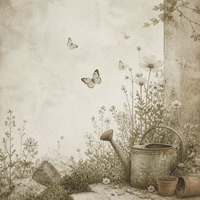a garden scene with butterflies, flowers and a watering can, clean uncolored line art, no text