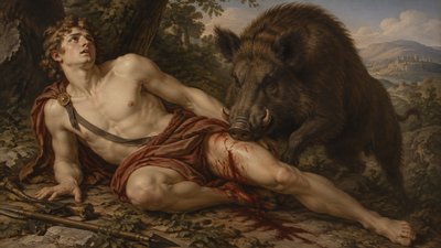 Adonis, was a very handsome youth and a great hunter, who was tragically overtaken by a wild boar and bled to death.