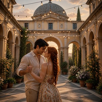 an original couple dancing under string lights in a garden at dusk: a man with short black hair in a linen shirt and a woman with braided red hair in a summer dress