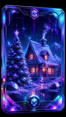 a snow-covered cottage with warm glowing windows beside a decorated pine tree, gentle snowfall, no text