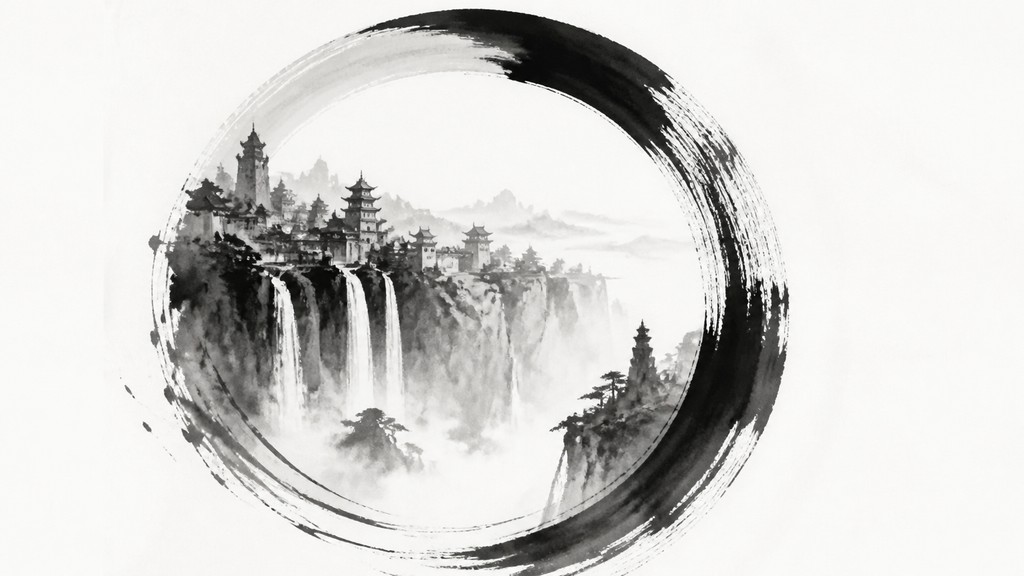 a cliffside city with waterfalls cascading into a misty canyon, wide establishing shot, no people, no text