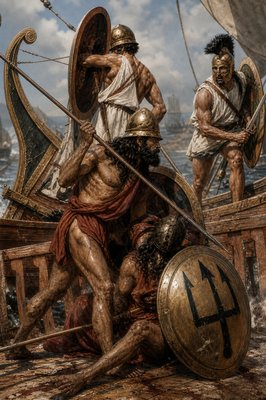 a painting of two men on a boat in the water