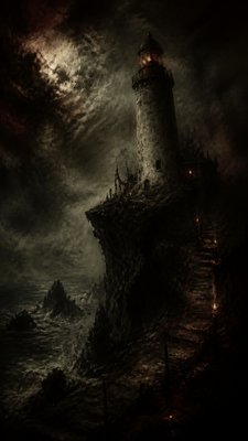 a lone lighthouse on a cliff at dusk under a dramatic sky, no text or lettering