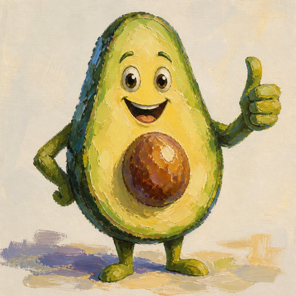 a happy avocado character giving a thumbs up, bold readable design on a plain background, no text