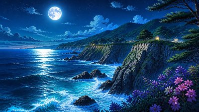 a moonlit coastline with cliffs and crashing surf, no people