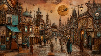 bustling city street panorama at dusk