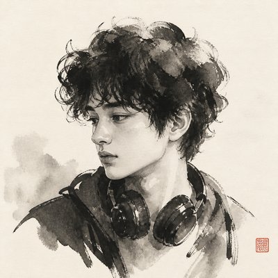 head-and-shoulders portrait of an original character: a young man with curly dark hair and headphones around his neck, plain backdrop, no text