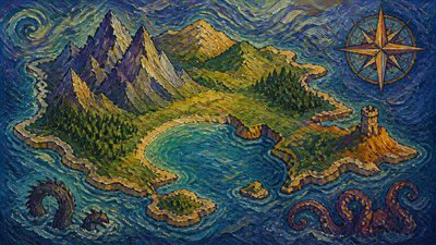 a map of an island realm with mountains, forests, a sheltered bay, sea monsters in the water and a compass rose, no text labels