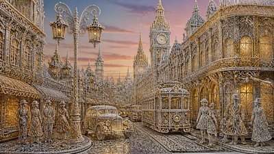 bustling city street panorama at dusk
