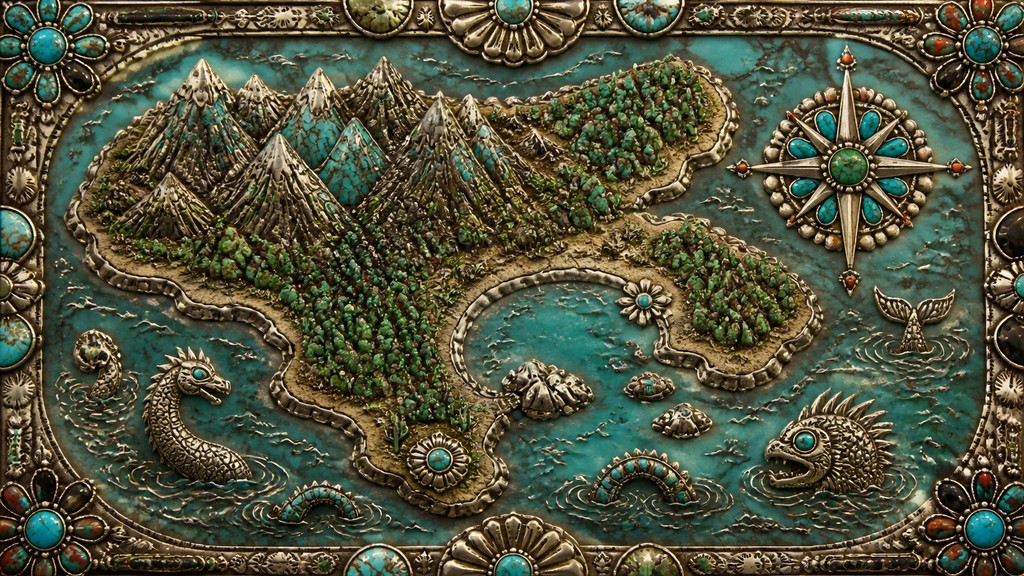 a map of an island realm with mountains, forests, a sheltered bay, sea monsters in the water and a compass rose, no text labels