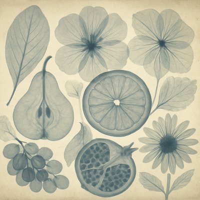 still life arrangement of fruits and flowers