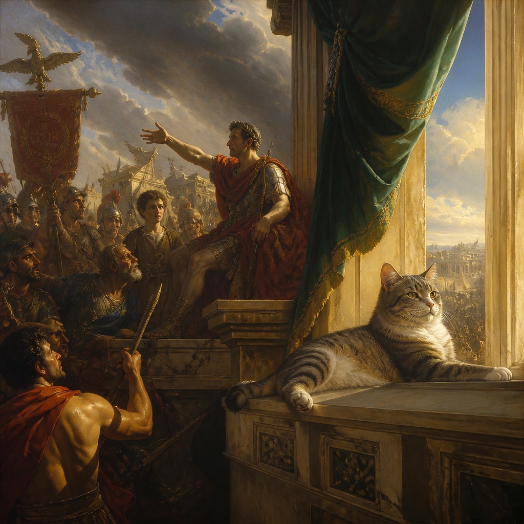 a cat lounging in a sunlit window — History Painting Art Style