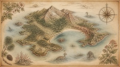 a map of an island realm with mountains, forests, a sheltered bay, sea monsters in the water and a compass rose, no text labels