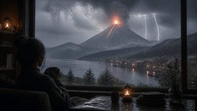 an erupting volcano with lightning strikes, dramatic wide composition, no text