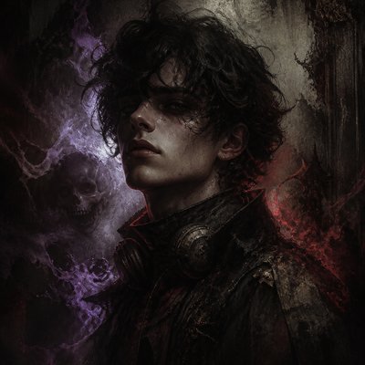 head-and-shoulders portrait of an original character: a young man with curly dark hair and headphones around his neck, plain backdrop, no text