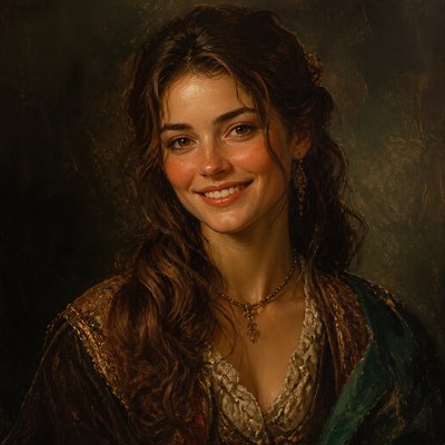 head-and-shoulders portrait of an original character: a young woman with wavy chestnut hair and a warm smile, plain soft backdrop
