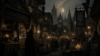 bustling city street panorama at dusk