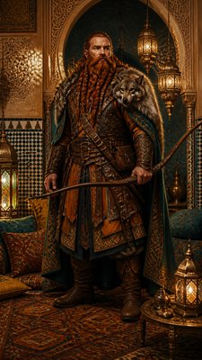 full-body original character: a dwarven ranger with a braided auburn beard, worn leather armor, a longbow and a wolf-pelt cloak, neutral background, no text