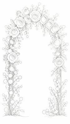 an arch of white roses and eucalyptus in soft morning light, elegant vertical composition with open space, no text