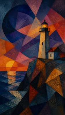 a lone lighthouse on a cliff at dusk under a dramatic sky, no text or lettering