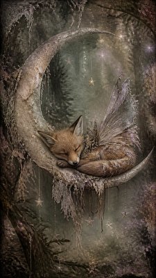 a sleeping baby fox curled on a crescent moon among soft stars, gentle and warm, no text