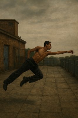 a shirtless man is jumping in the air