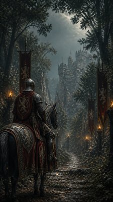a mysterious forest path with fireflies and drifting mist, atmospheric vertical composition with open space at the top, no text
