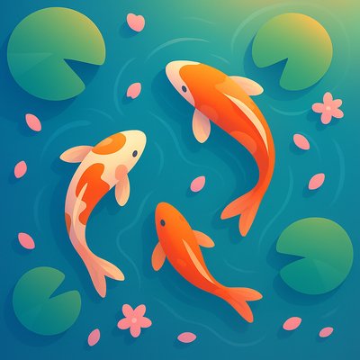 A koi pond seen from above, orange and white koi fish swimming among lily pads, clear water with subtle ripples, fallen cherry blossom petals floating on the surface, dappled sunlight