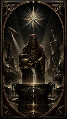 a robed figure pouring water beneath a large eight-pointed star in a night sky, symmetrical composition with an ornate decorative border, no text