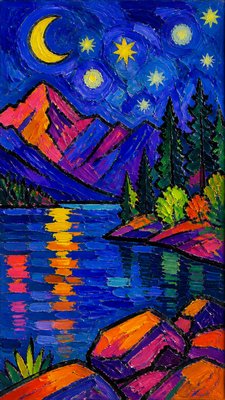 a tranquil mountain lake beneath a starry night sky, no people, no text