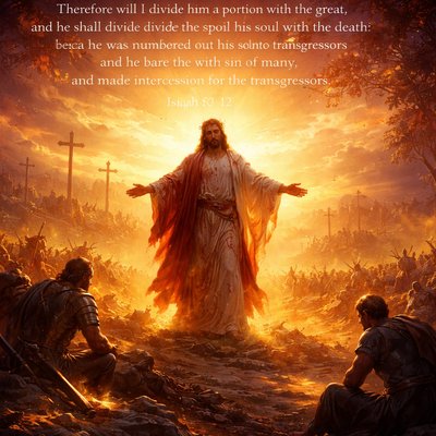 “Therefore will I divide him a portion with the great, and he shall divide the spoil with the strong; because he hath poured out his soul unto death: and he was numbered with the transgressors; and he bare the sin of many, and made intercession for the transgressors.” (Isaiah 53:12, KJV)
