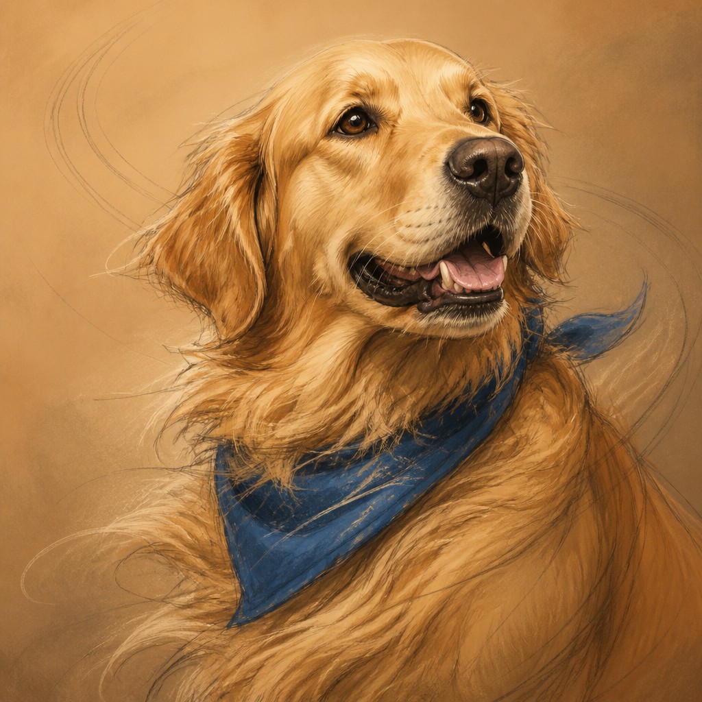 portrait of a golden retriever wearing a blue bandana, warm plain backdrop, no text