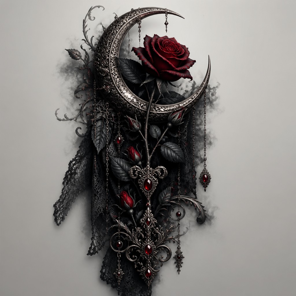 a rose entwined with a crescent moon, clean balanced composition on a plain background, no text