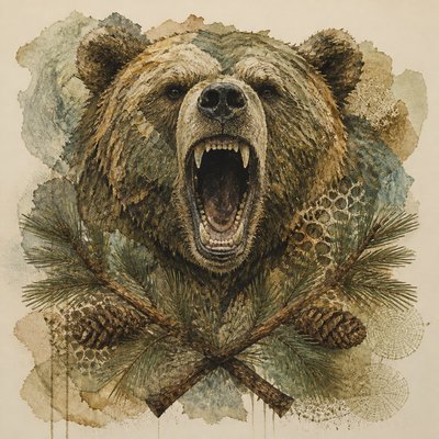 a roaring bear head above crossed pine branches, bold graphic composition on a plain background, no text