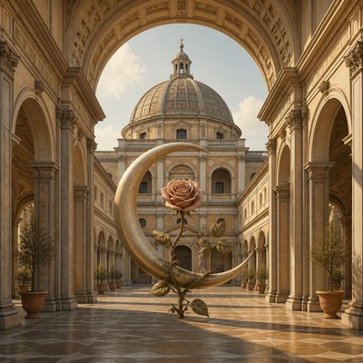 a rose entwined with a crescent moon, clean balanced composition on a plain background, no text