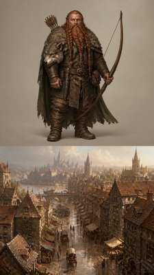 full-body original character: a dwarven ranger with a braided auburn beard, worn leather armor, a longbow and a wolf-pelt cloak, neutral background, no text