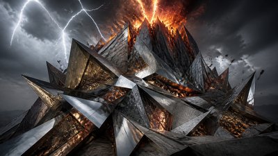 an erupting volcano with lightning strikes, dramatic wide composition, no text