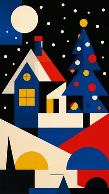 a snow-covered cottage with warm glowing windows beside a decorated pine tree, gentle snowfall, no text